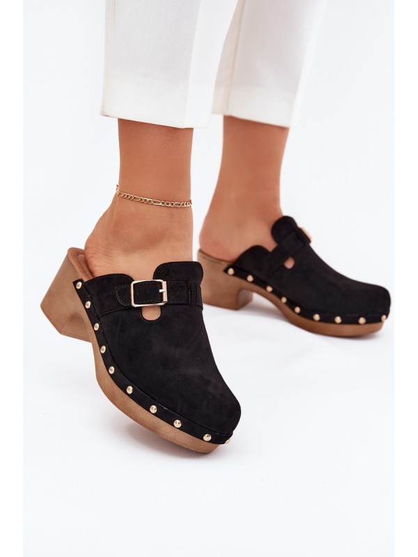 Women's Heeled Slippers With Buckle Black Veldexina