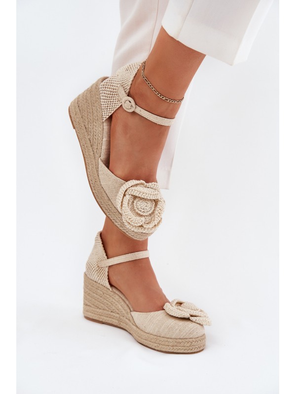 Women's Wedge Sandals With Braiding And Crocheted Flower Beige Ismilea