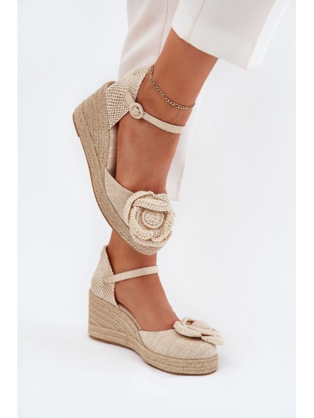 Women's Wedge Sandals With Braiding And Crocheted Flower Beige Ismilea