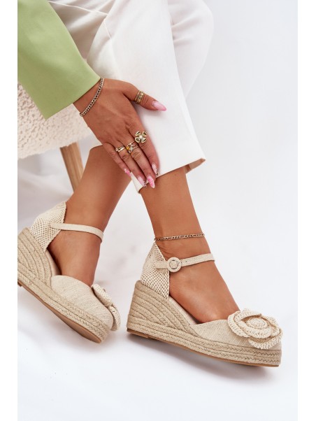 Women's Wedge Sandals With Braiding And Crocheted Flower Beige Ismilea
