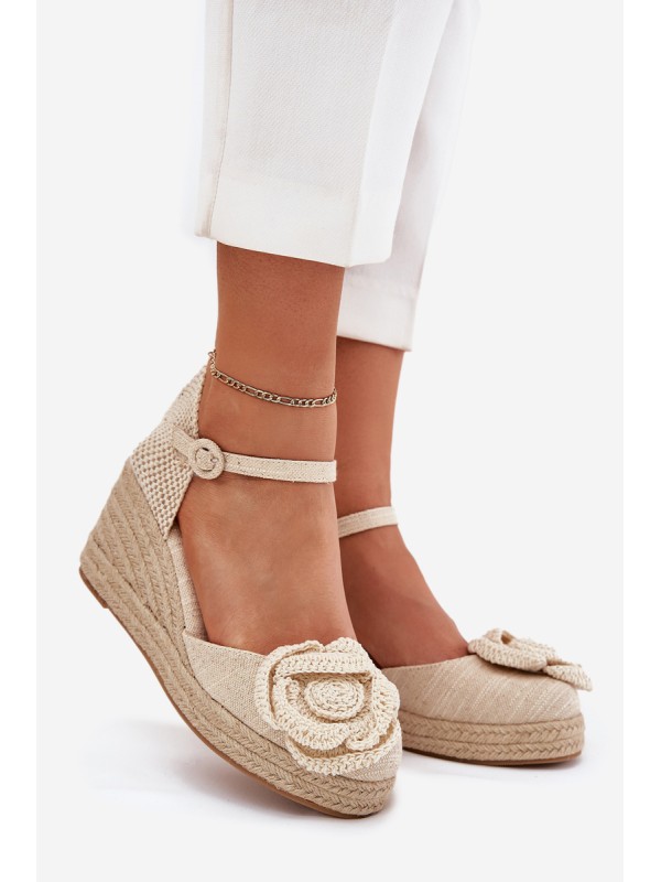 Women's Wedge Sandals With Braiding And Crocheted Flower Beige Ismilea