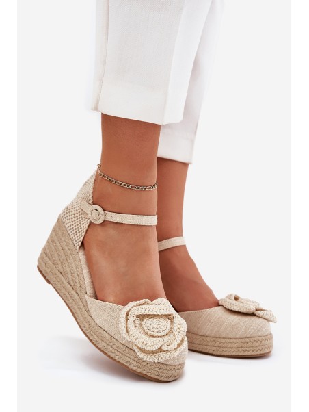 Women's Wedge Sandals With Braiding And Crocheted Flower Beige Ismilea
