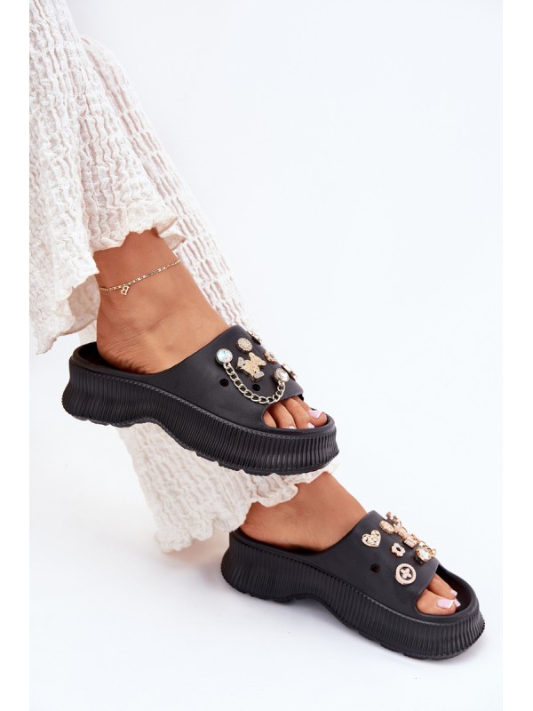 Foam Women's Slippers With Golden Accessories Black Hortiana