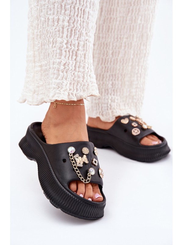 Foam Women's Slippers With Golden Accessories Black Hortiana 2