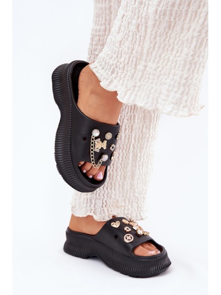 Foam Women's Slippers With Golden Accessories Black Hortiana