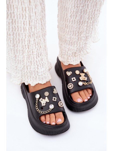 Foam Women's Slippers With Golden Accessories Black Hortiana