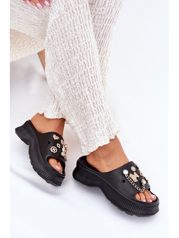 Foam Women's Slippers With Golden Accessories Black Hortiana