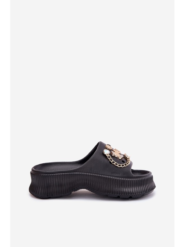 Foam Women's Slippers With Golden Accessories Black Hortiana