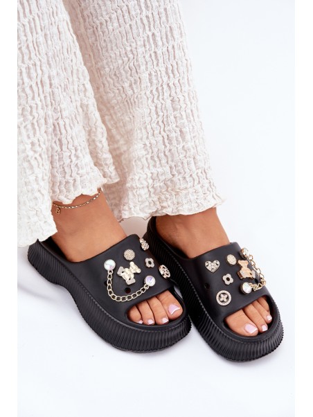 Foam Women's Slippers With Golden Accessories Black Hortiana