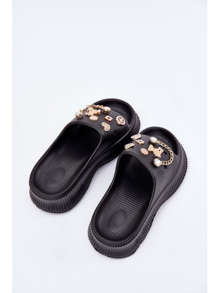 Foam Women's Slippers With Golden Accessories Black Hortiana
