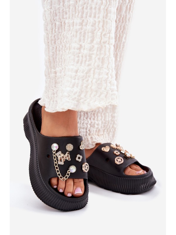 Foam Women's Slippers With Golden Accessories Black Hortiana