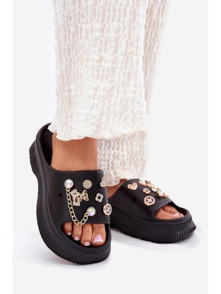 Foam Women's Slippers With Golden Accessories Black Hortiana