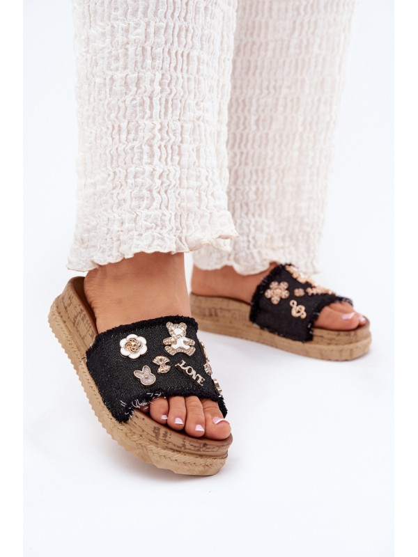 Women's Sandals With Golden Buckles On Platform Black Rigasta
