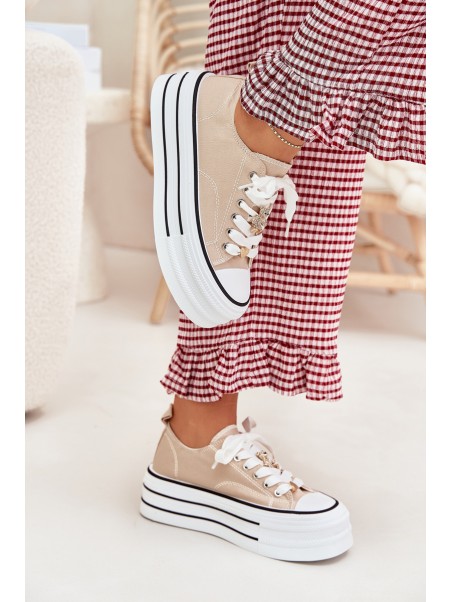Ladies Sneakers On A Platform With Golden Decorations Beige Fiorina