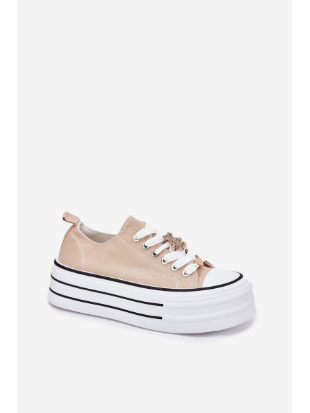 Ladies Sneakers On A Platform With Golden Decorations Beige Fiorina
