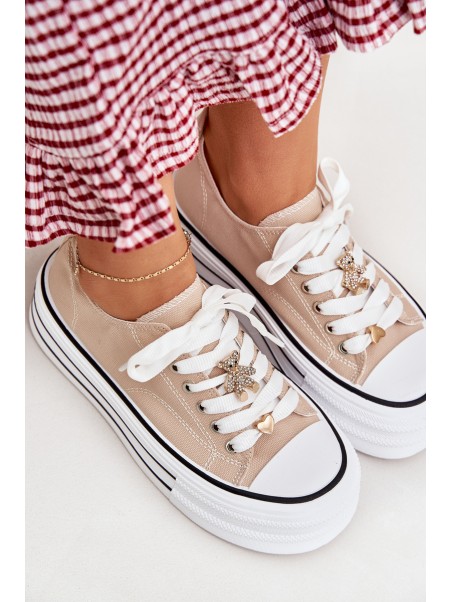 Ladies Sneakers On A Platform With Golden Decorations Beige Fiorina