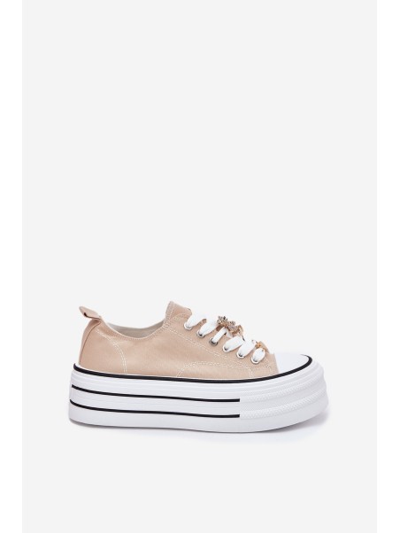 Ladies Sneakers On A Platform With Golden Decorations Beige Fiorina