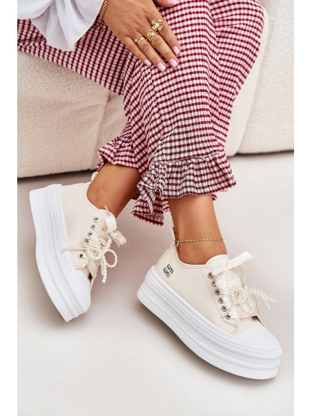 Women's Platform Sneakers With Decorative Lacing Beige Tivora