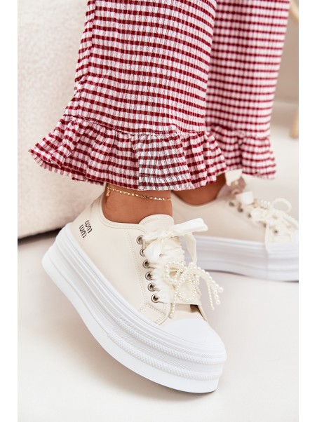 Women's Platform Sneakers With Decorative Lacing Beige Tivora