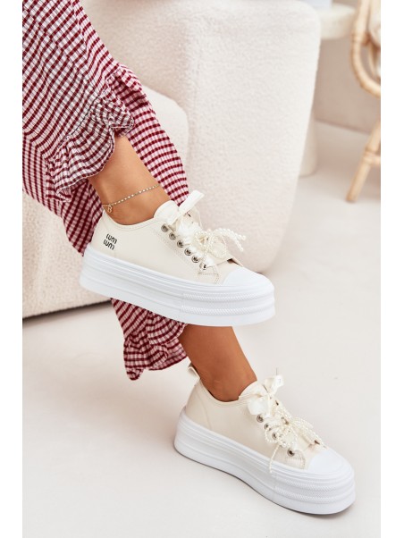 Women's Platform Sneakers With Decorative Lacing Beige Tivora