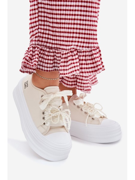 Women's Platform Sneakers With Decorative Lacing Beige Tivora
