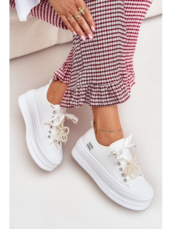 Women's Platform Sneakers With Decorative Lacing White Tivora