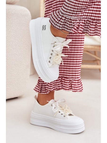 Women's Platform Sneakers With Decorative Lacing White Tivora
