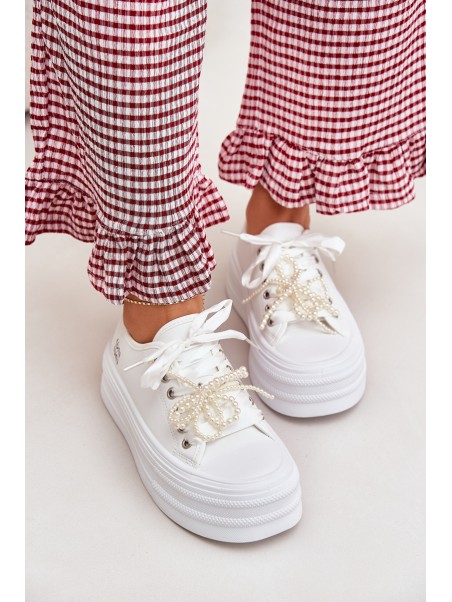 Women's Platform Sneakers With Decorative Lacing White Tivora
