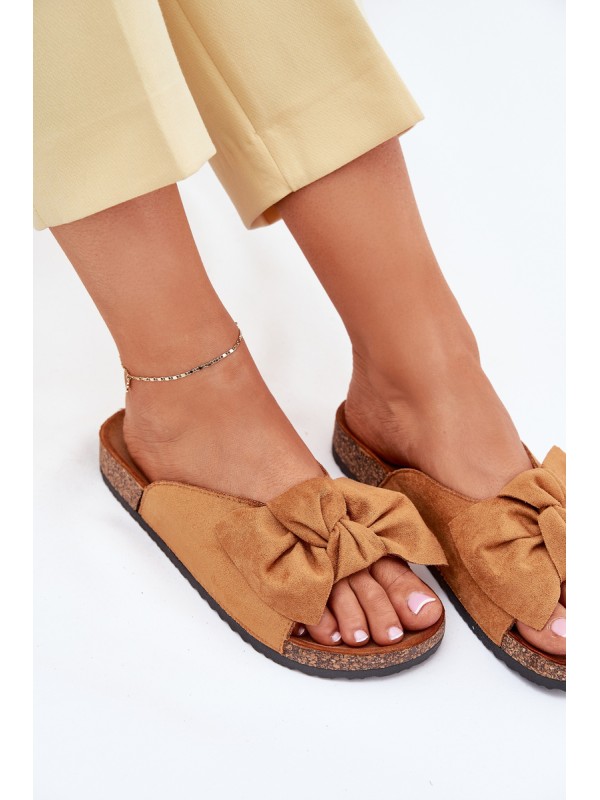 Women's Cork Sole Slippers With Bow Camel Seressa Women's Cork Sole Slippers With Bow Camel Seressa