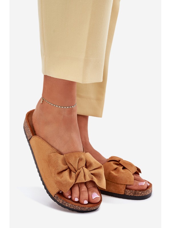 Women's Cork Sole Slippers With Bow Camel Seressa Women's Cork Sole Slippers With Bow Camel Seressa
