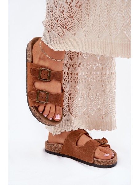 Suede Slippers On Cork Sole With Buckles Camel Tavira