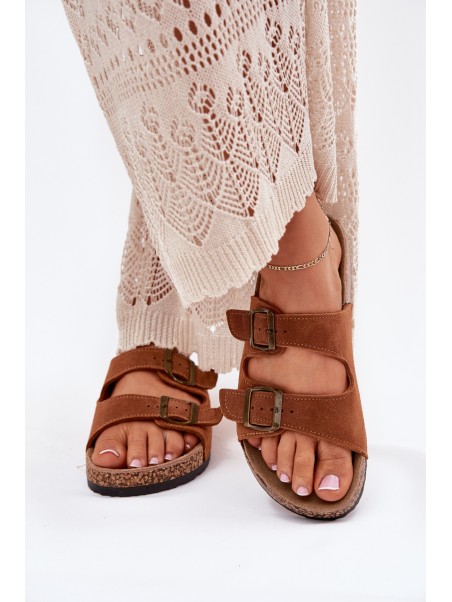 Suede Slippers On Cork Sole With Buckles Camel Tavira