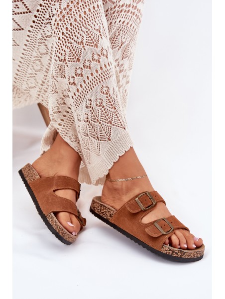 Suede Slippers On Cork Sole With Buckles Camel Tavira
