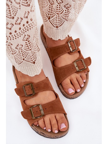 Suede Slippers On Cork Sole With Buckles Camel Tavira