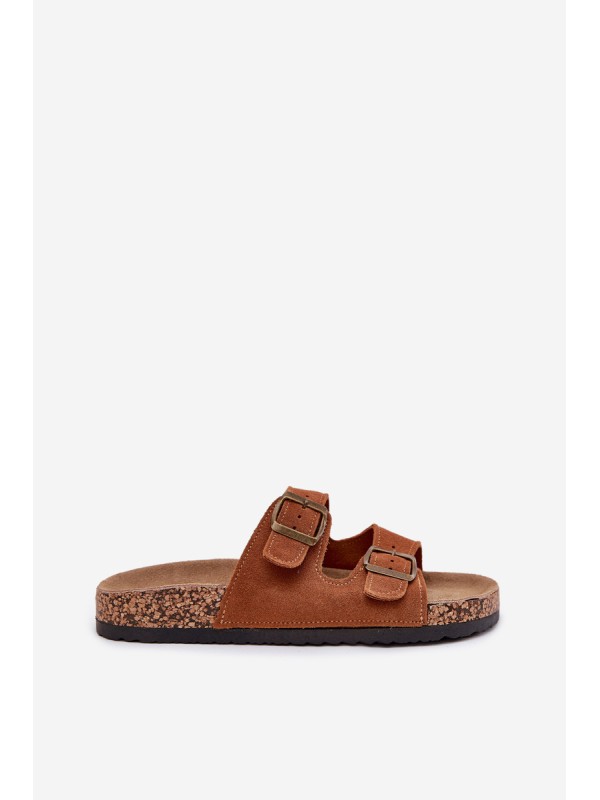 Suede Slippers On Cork Sole With Buckles Camel Tavira