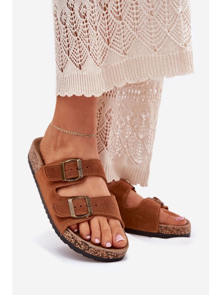 Suede Slippers On Cork Sole With Buckles Camel Tavira