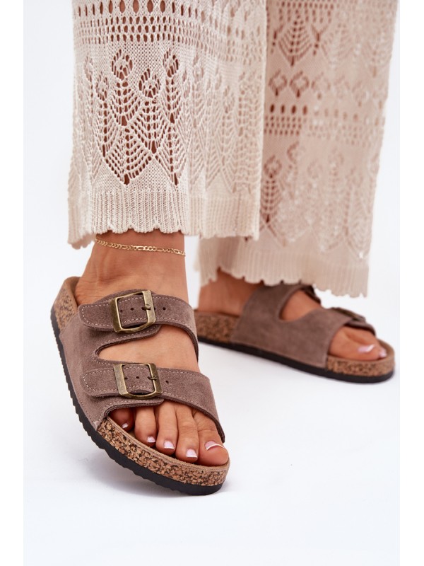 Suede Slippers On Cork Sole With Buckles Dark Beige Tavira
