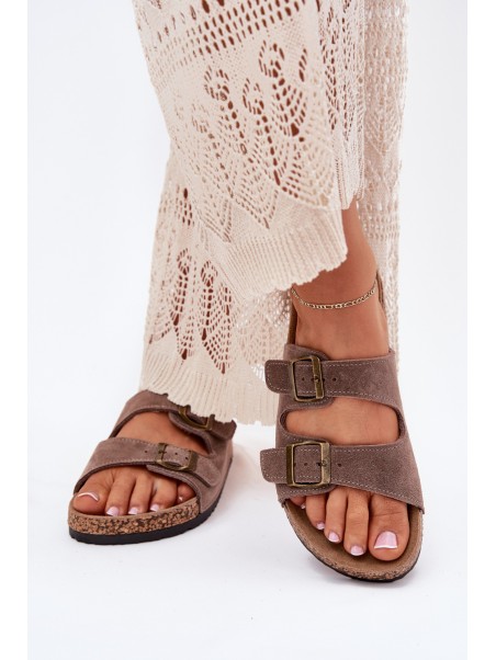 Suede Slippers On Cork Sole With Buckles Dark Beige Tavira