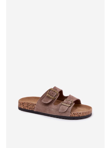 Suede Slippers On Cork Sole With Buckles Dark Beige Tavira