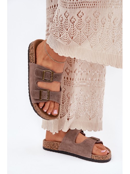 Suede Slippers On Cork Sole With Buckles Dark Beige Tavira