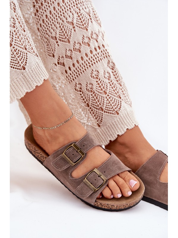 Suede Slippers On Cork Sole With Buckles Dark Beige Tavira