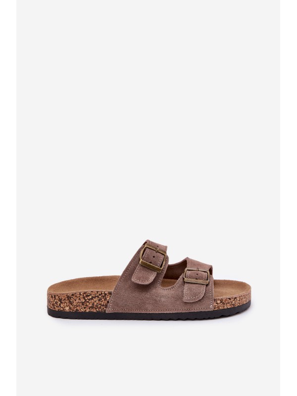 Suede Slippers On Cork Sole With Buckles Dark Beige Tavira
