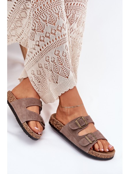 Suede Slippers On Cork Sole With Buckles Dark Beige Tavira