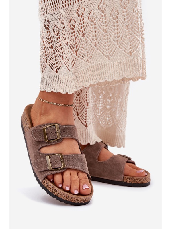 Suede Slippers On Cork Sole With Buckles Dark Beige Tavira