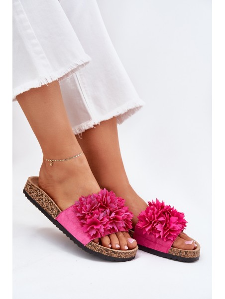 Ladies Slippers On Cork Sole With Flowers Fuchsia Ferenza