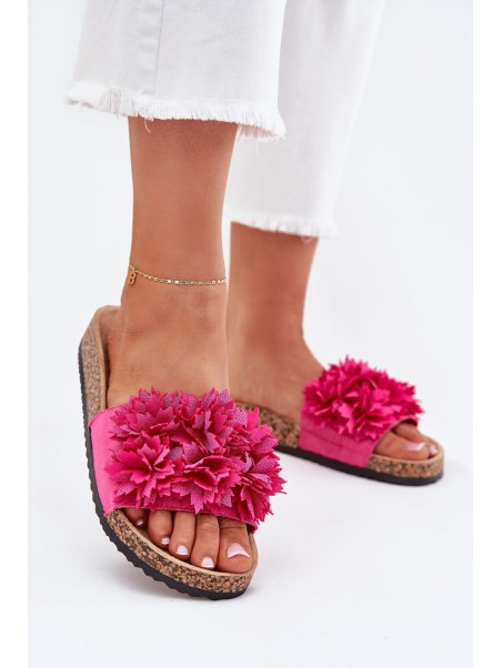 Ladies Slippers On Cork Sole With Flowers Fuchsia Ferenza