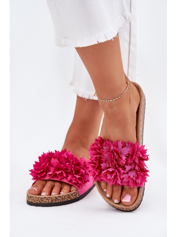 Ladies Slippers On Cork Sole With Flowers Fuchsia Ferenza