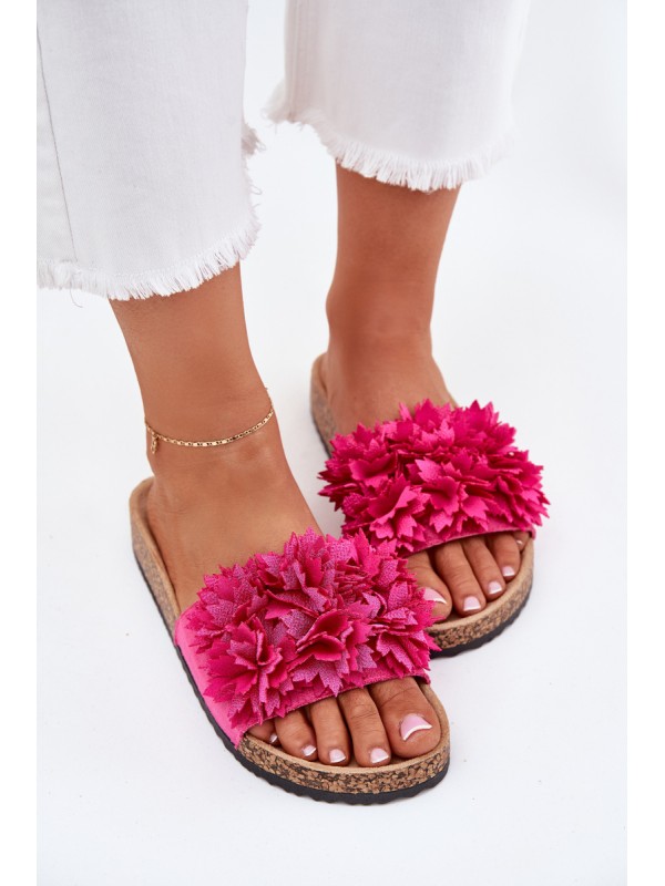 Ladies Slippers On Cork Sole With Flowers Fuchsia Ferenza
