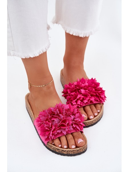 Ladies Slippers On Cork Sole With Flowers Fuchsia Ferenza