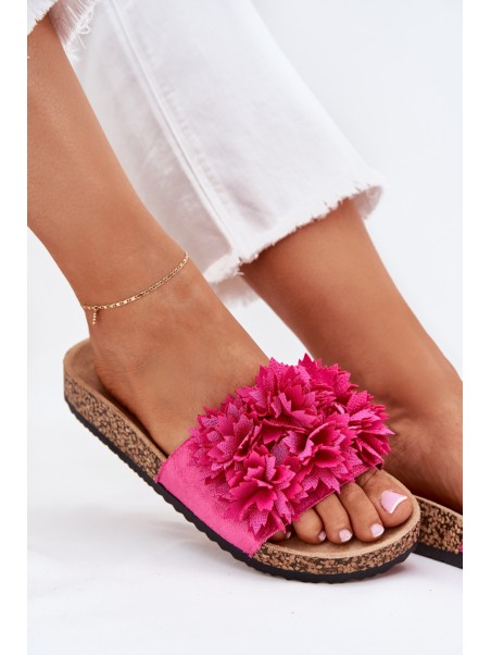 Ladies Slippers On Cork Sole With Flowers Fuchsia Ferenza